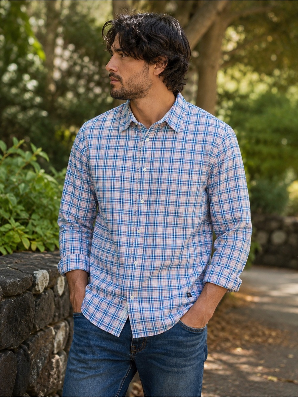 Chaps Blue Pink Plaid Button Down Shirt Men’s M